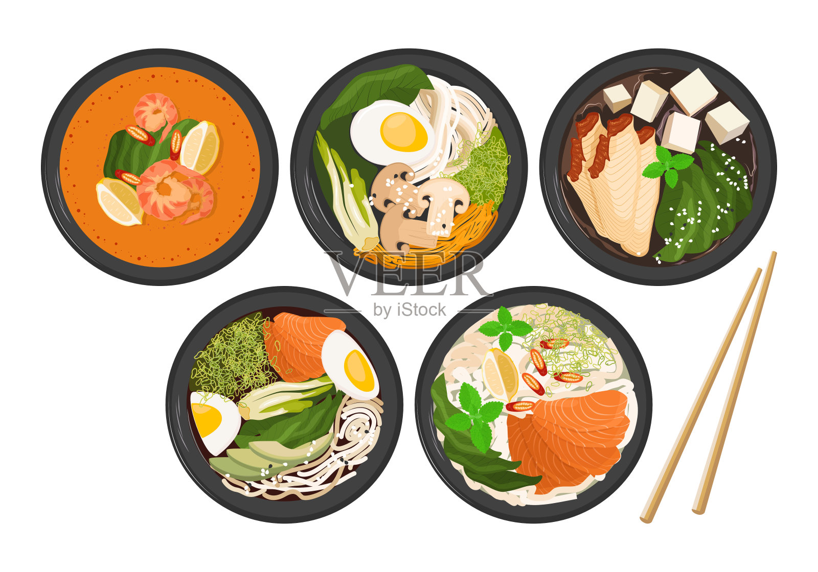 一套亚洲碗拉面插画图片素材