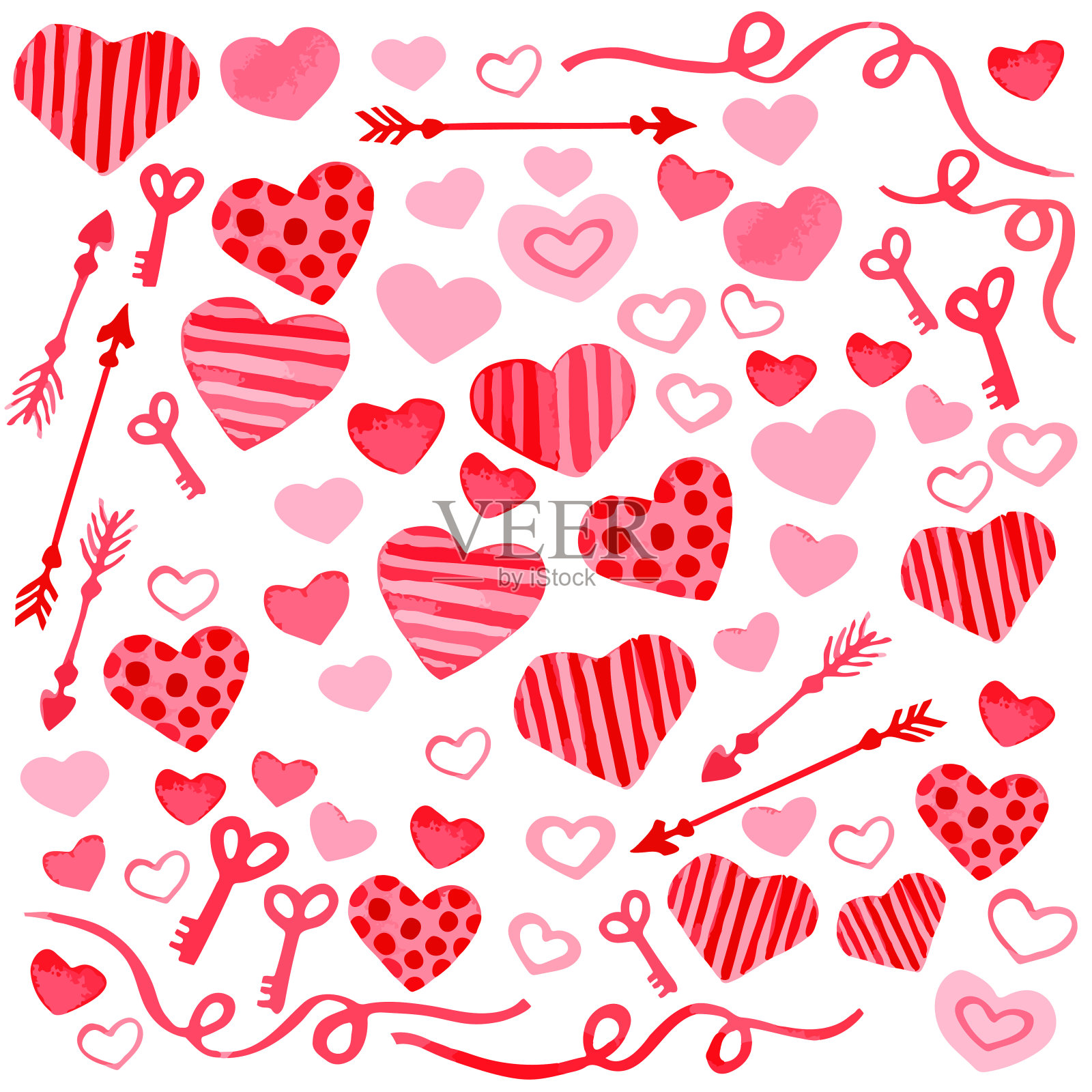 情人节套装:心钥匙、箭、心、丝带。插画图片素材