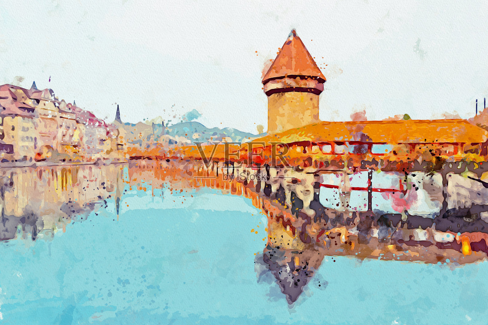 卢塞恩市水彩画风景和瑞士著名地标教堂桥。插画图片素材