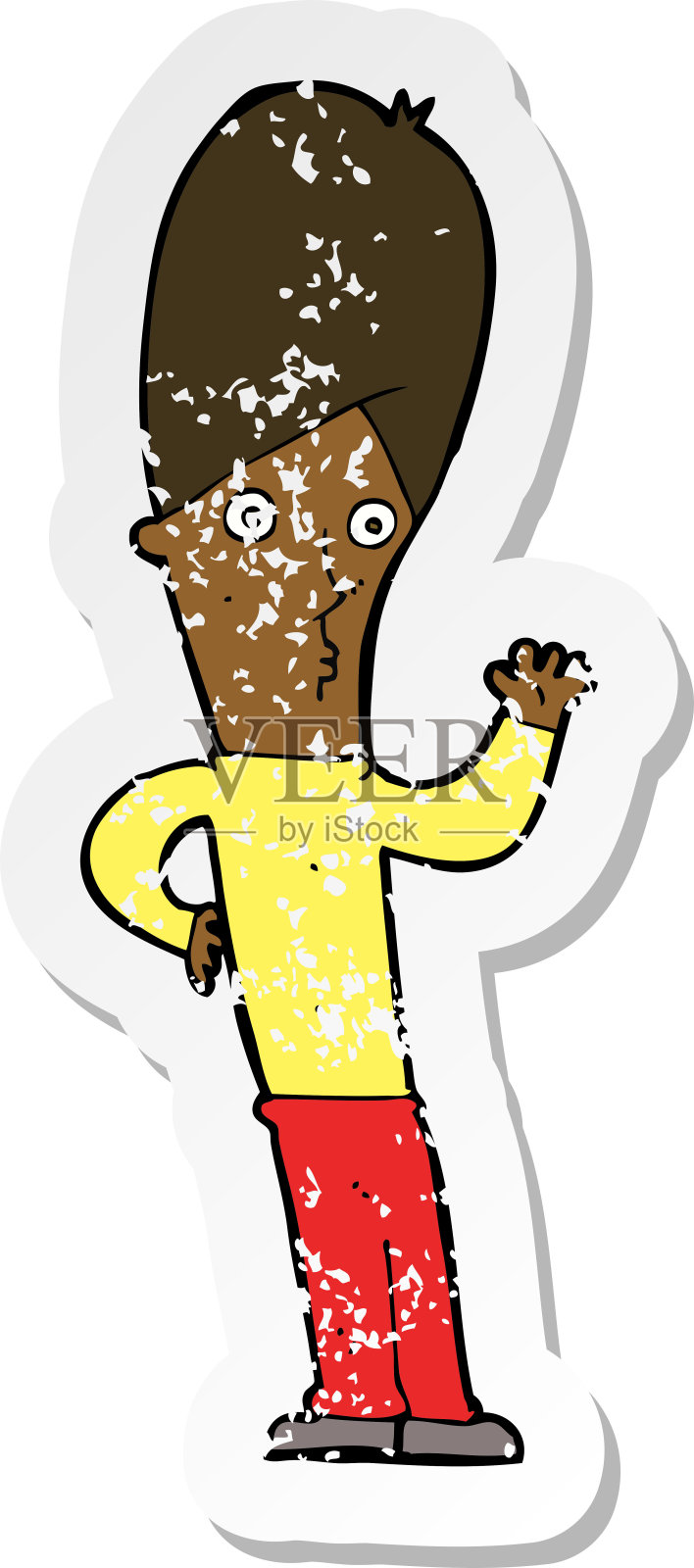 一个卡通男人挥手的复古心疼贴纸插画图片素材