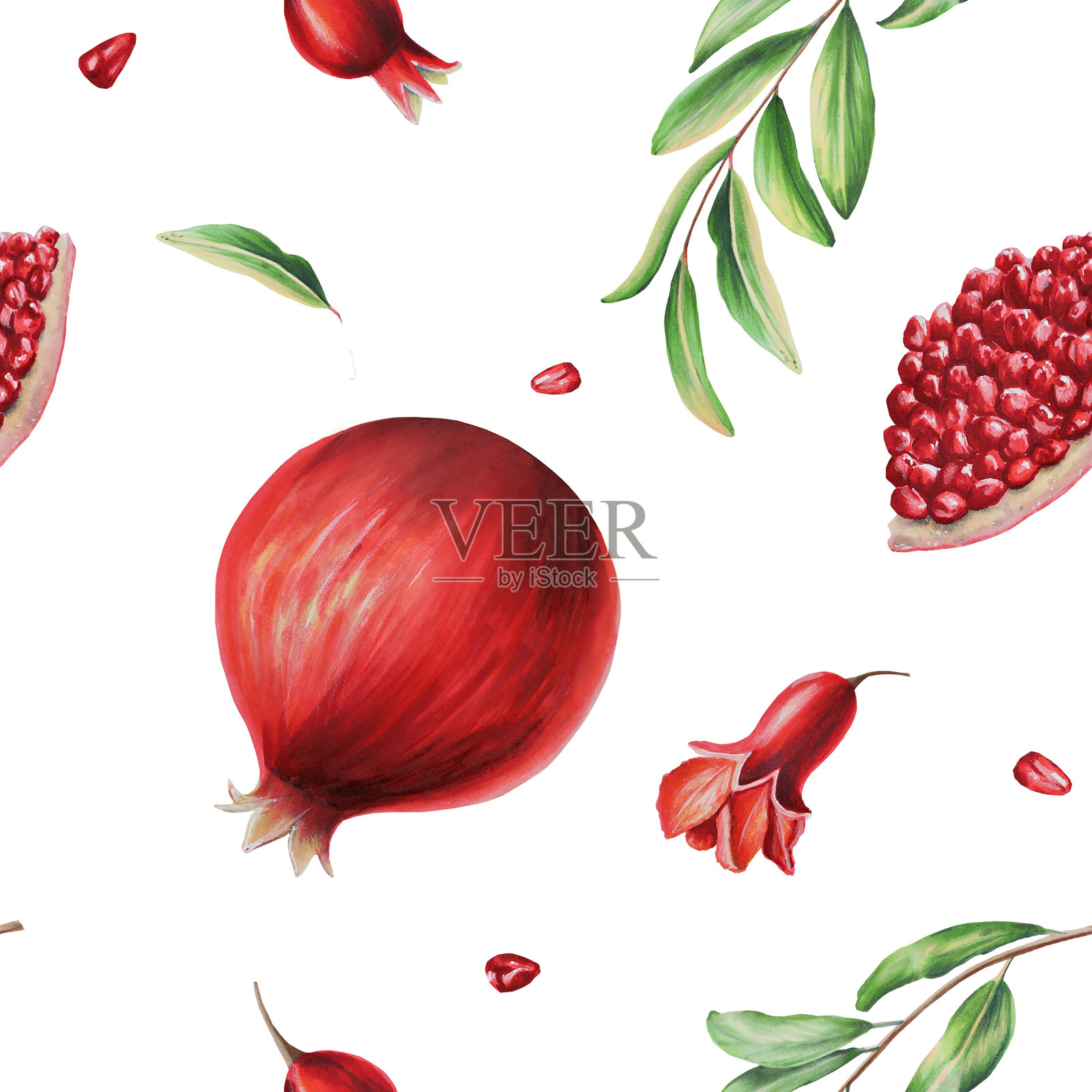 水彩无缝模式与石榴籽和花和叶子。手绘逼真的美味有机石榴红水果孤立在白色背景。为设计师,情人节卡片,派对邀请,包装纸封面插画图片素材