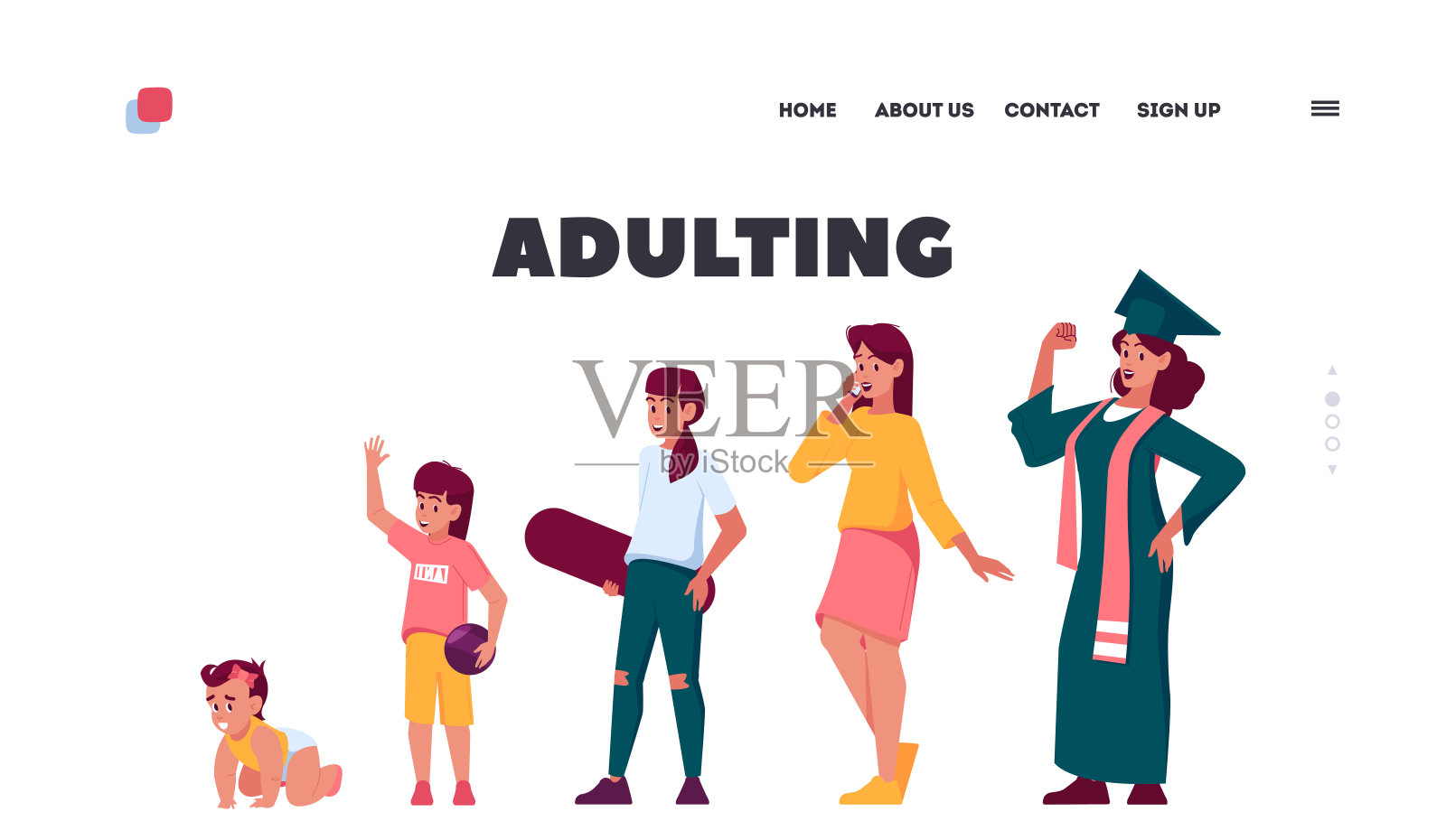 成人登陆页模板。女性角色生命周期。不同年龄的女性新生儿,儿童,青少年插画图片素材