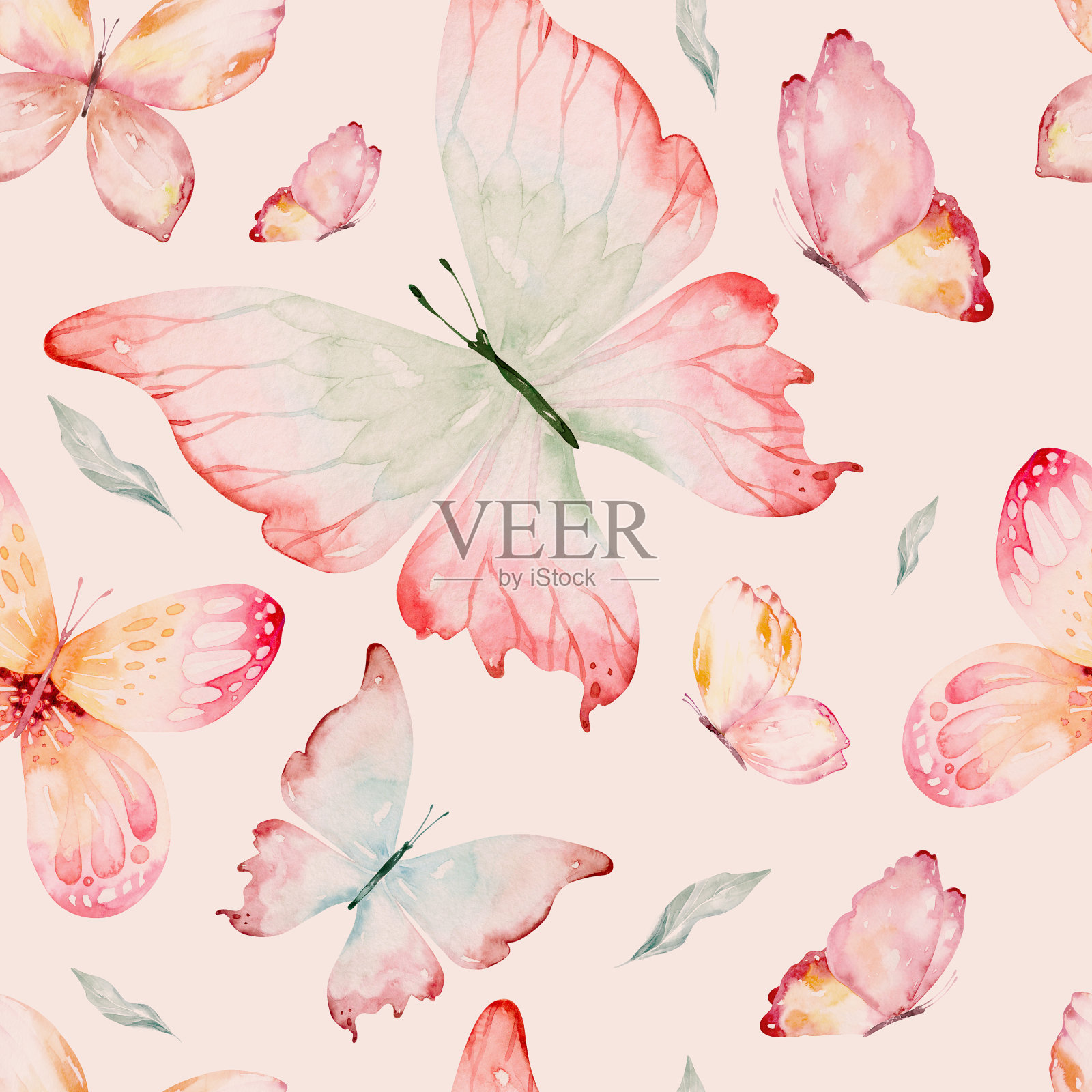 水彩画彩色蝴蝶,孤立在白色背景。蓝色、黄色、粉色和红色蝴蝶弹簧插图。插画图片素材