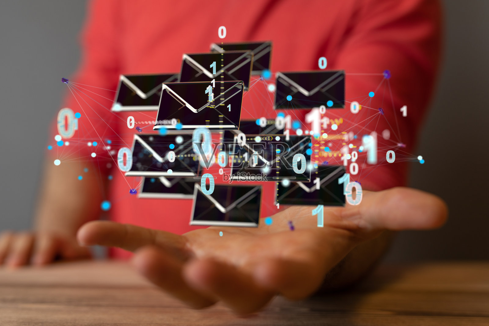 3d渲染的电子邮件图标盘旋在一个男人的手上照片摄影图片