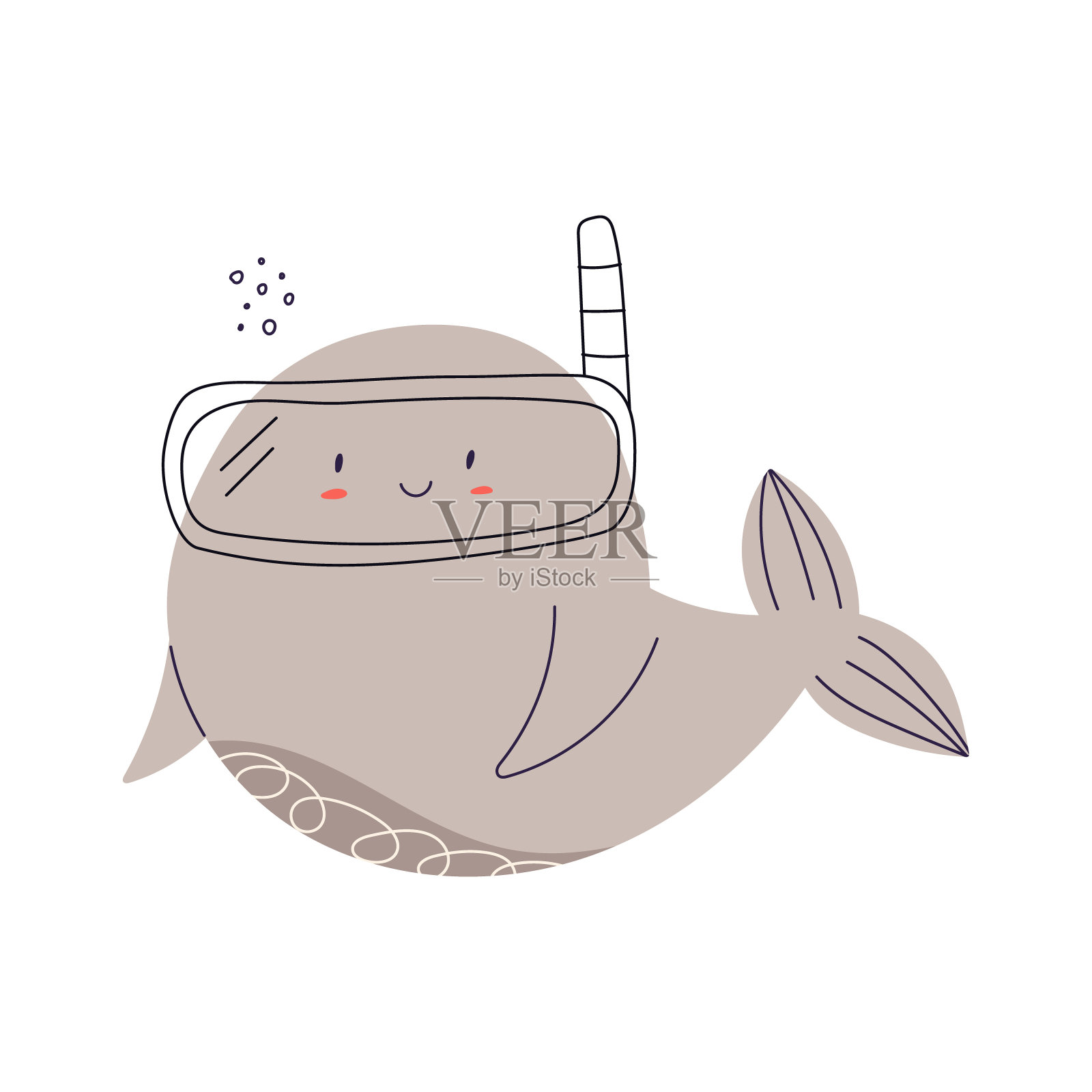 欢快的鲸鱼潜水水下,卡通平面矢量插图孤立在白色背景。设计元素图片