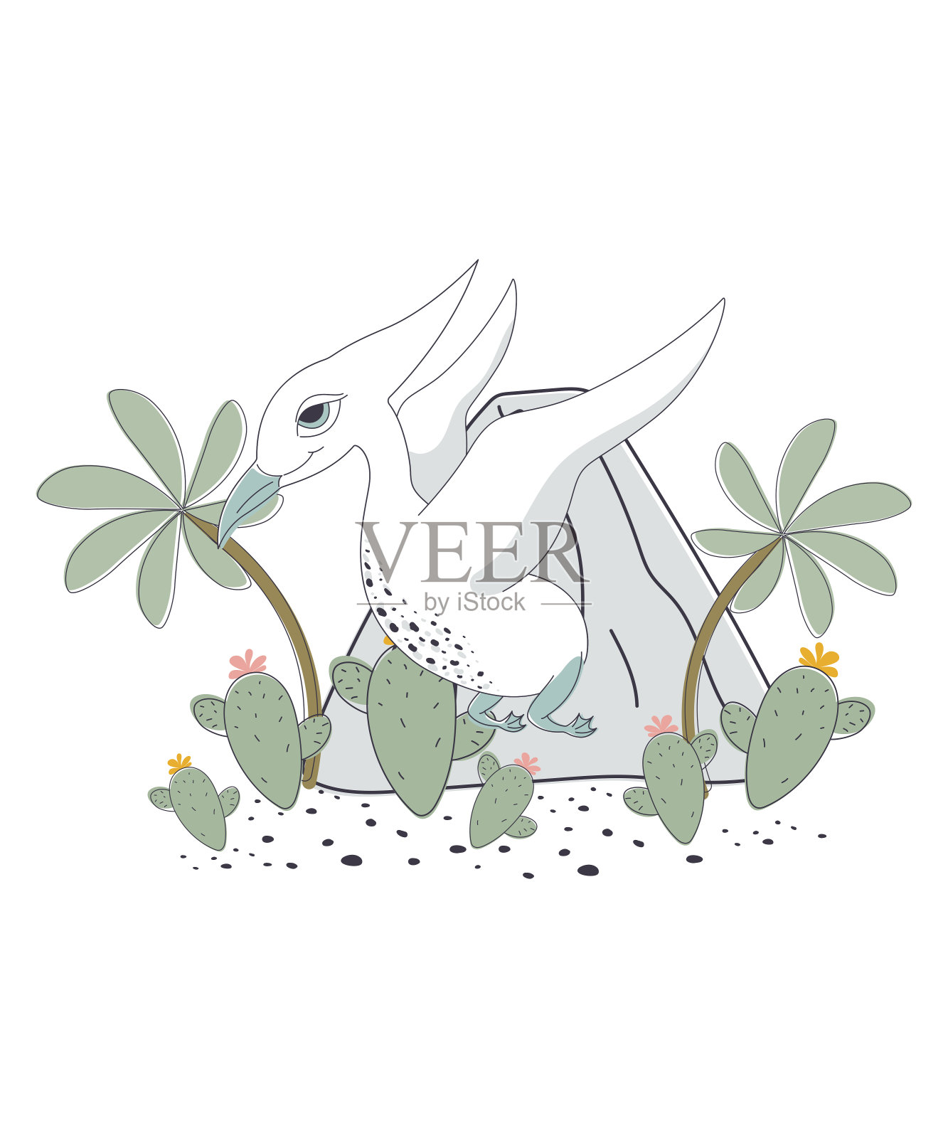 插图与恐龙和装饰,仙人掌,山,棕榈树插画图片素材