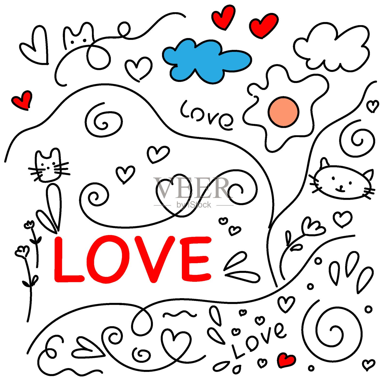 可爱的云和猫涂鸦,爱插画图片素材