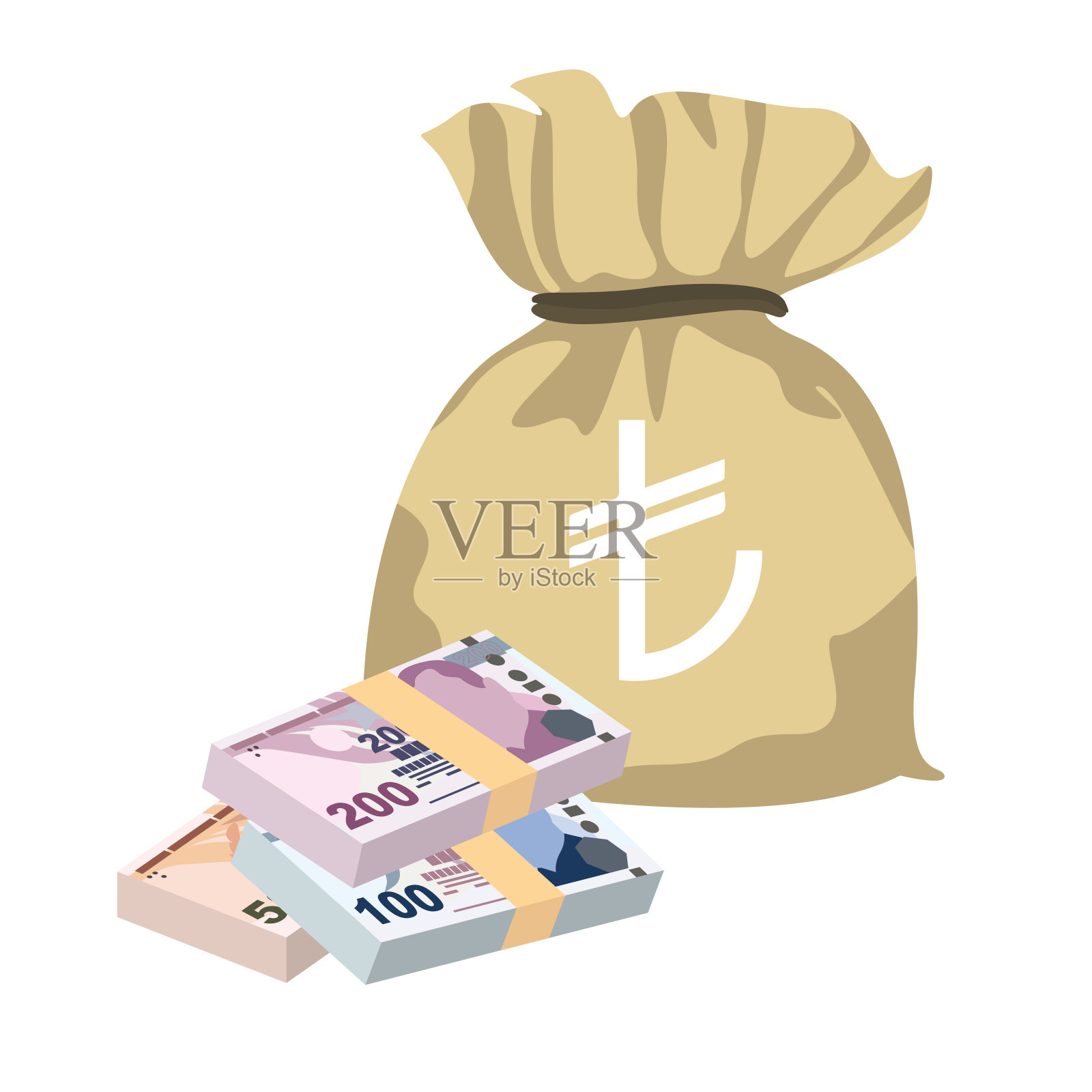 土耳其里拉矢量插图。土耳其货币套装捆绑钞票。钱袋50、100、200试试。平的风格。孤立在白色背景上。简单的最小设计。插画图片素材