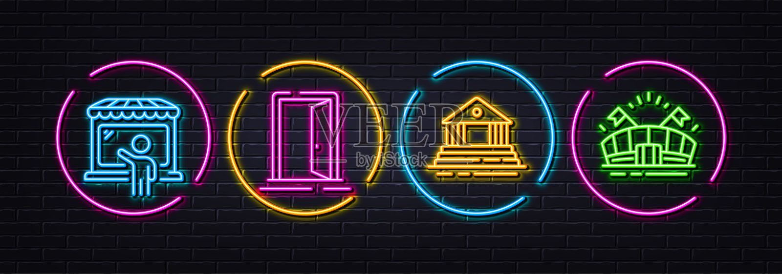 市场卖家,开门和法院建筑最小线图标。对于web应用程序,打印矢量设计模板素材