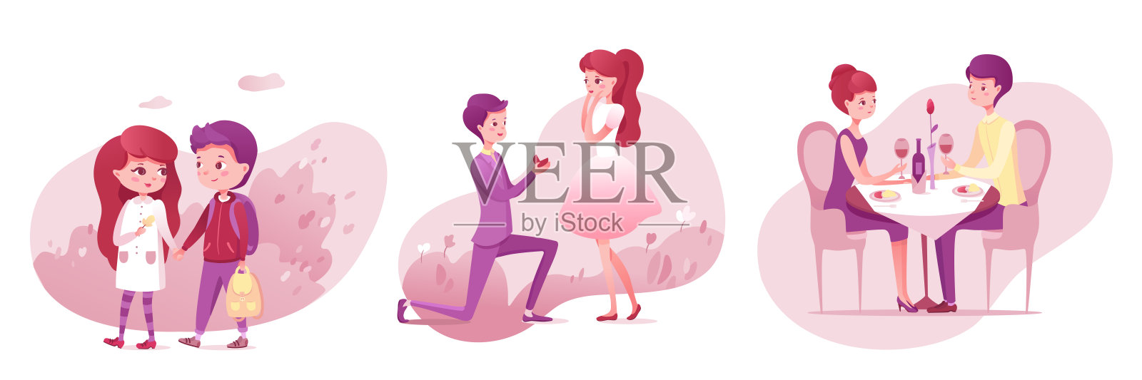 可爱情侣的浪漫场景,求婚和恋爱约会,在公园散步插画图片素材