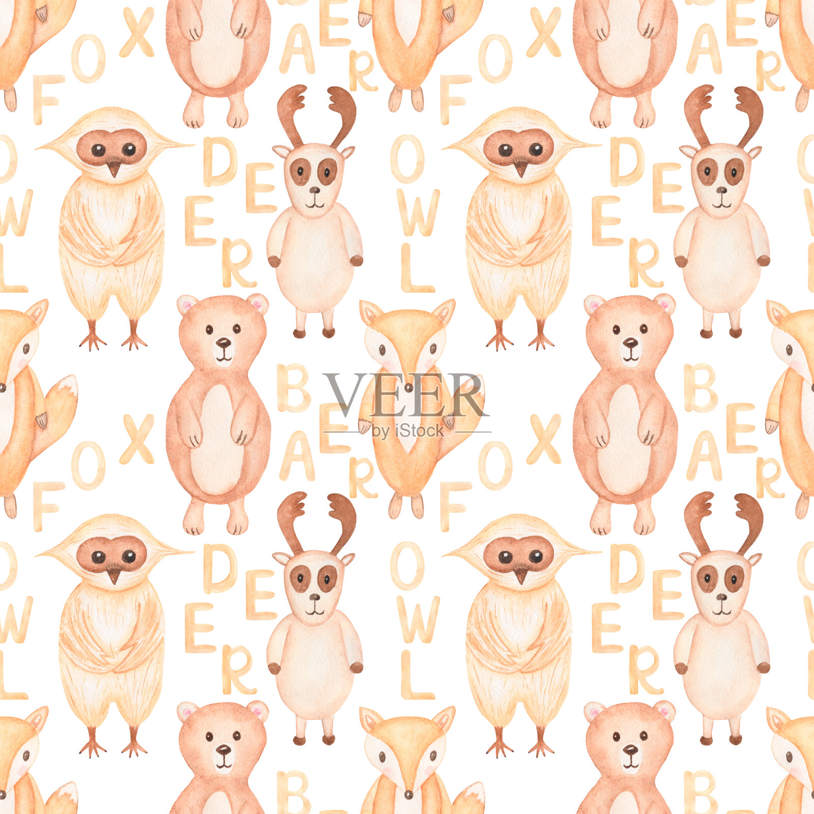 林地动物无缝图案,水彩手绘儿童纸,森林动物重复纸,可爱的熊,鹿,猫头鹰,狐狸,棕色和米色的儿童图案,幼儿园设计插画图片素材