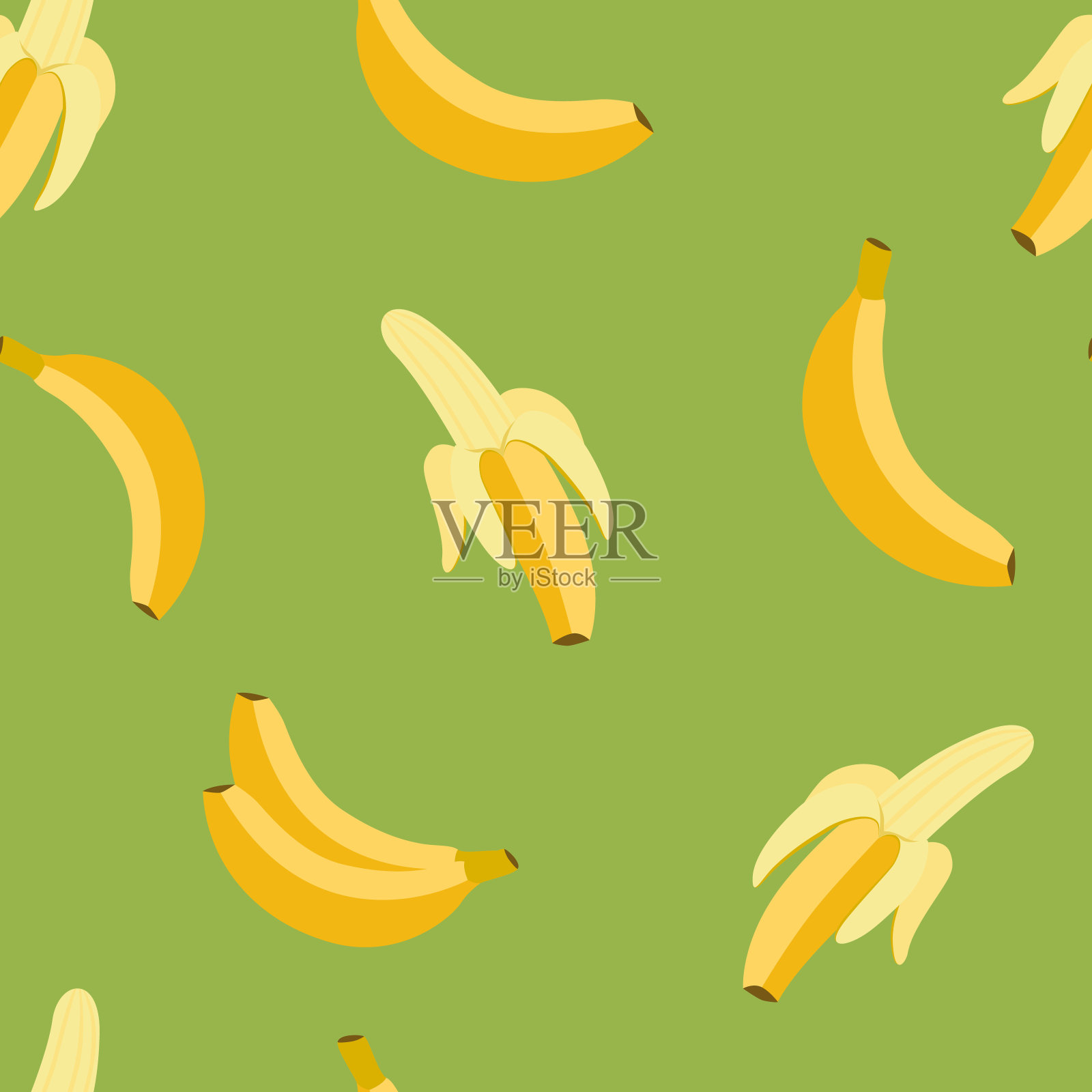 香蕉无缝图案。剥了皮的香蕉在绿色。平的,向量插画图片素材