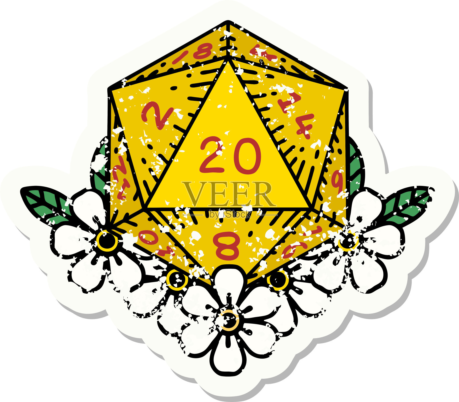 垃圾贴纸的自然20 D20骰子滚动与花卉元素插画图片素材