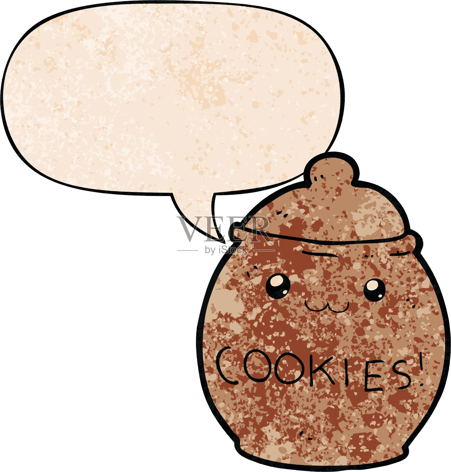 卡通饼干罐与语音气泡在复古的纹理风格插画图片素材
