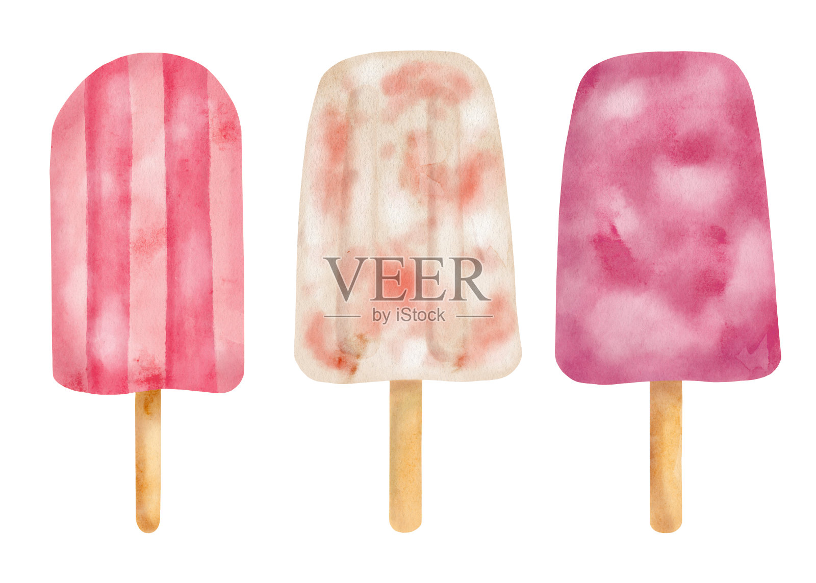 水彩浆果冰棍套装。手绘草莓和奶油冰棍孤立在白色背景。夏天冻甜点。粉色水果画板,覆盆子冰块。设计元素图片