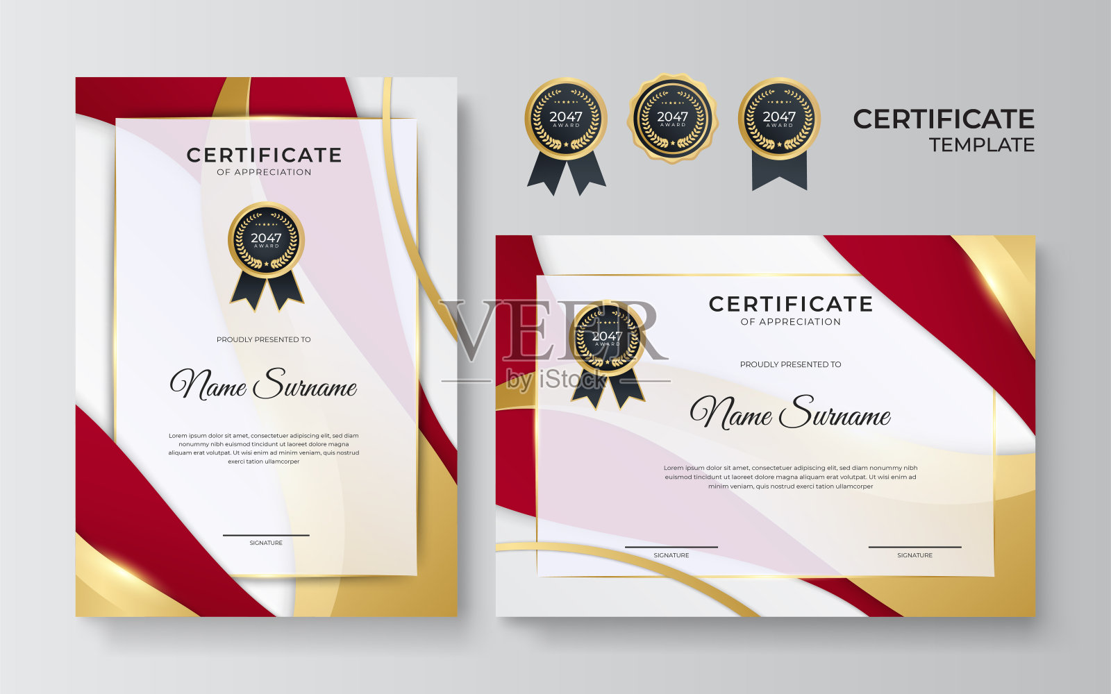 现代红色证书模板和边框,用于奖励,证书,和印刷。红色和金色优雅的成就证书模板,金色徽章和边框设计模板素材