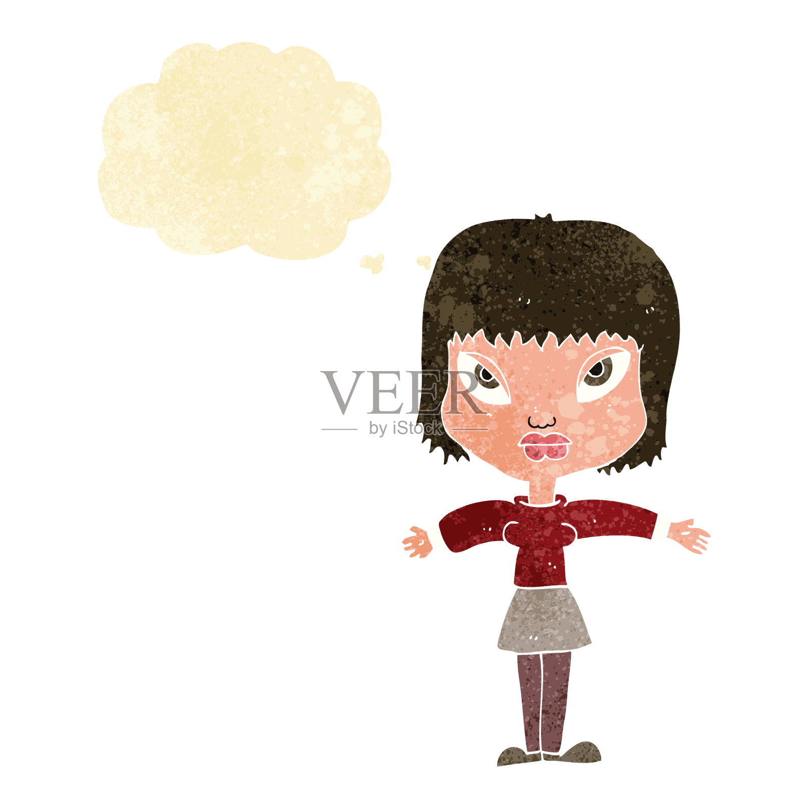 卡通女人伸出双臂与思想泡泡插画图片素材