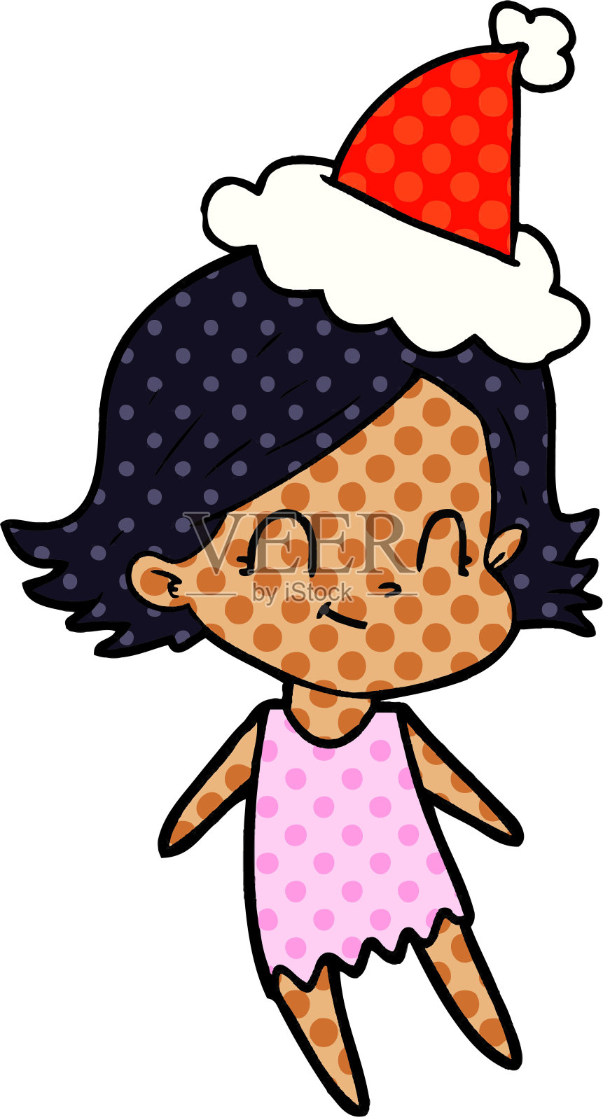 手绘漫画风格的插图,一个友好的女孩戴着圣诞老人的帽子设计元素图片