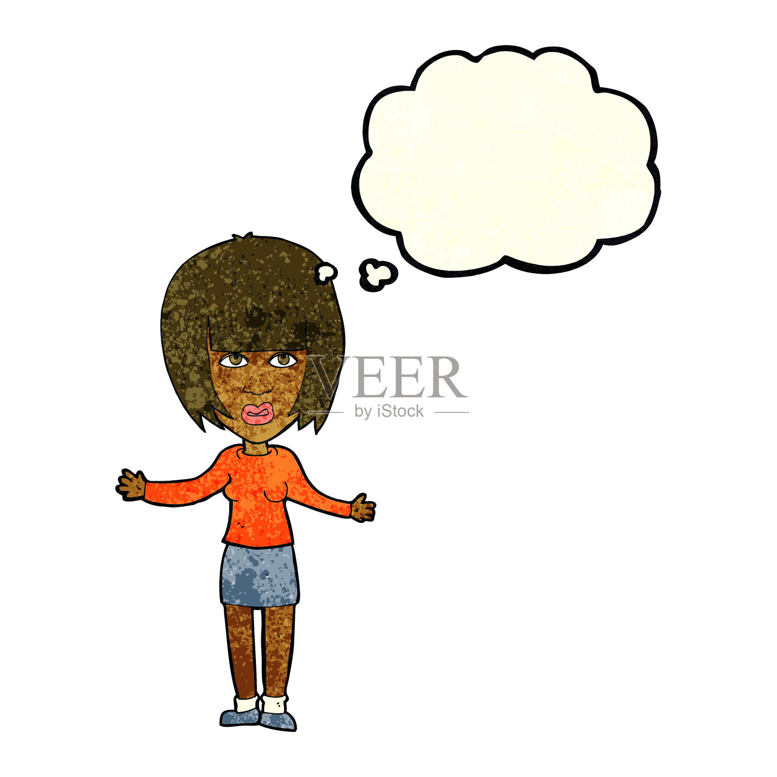 卡通女人与思想泡泡耸肩插画图片素材