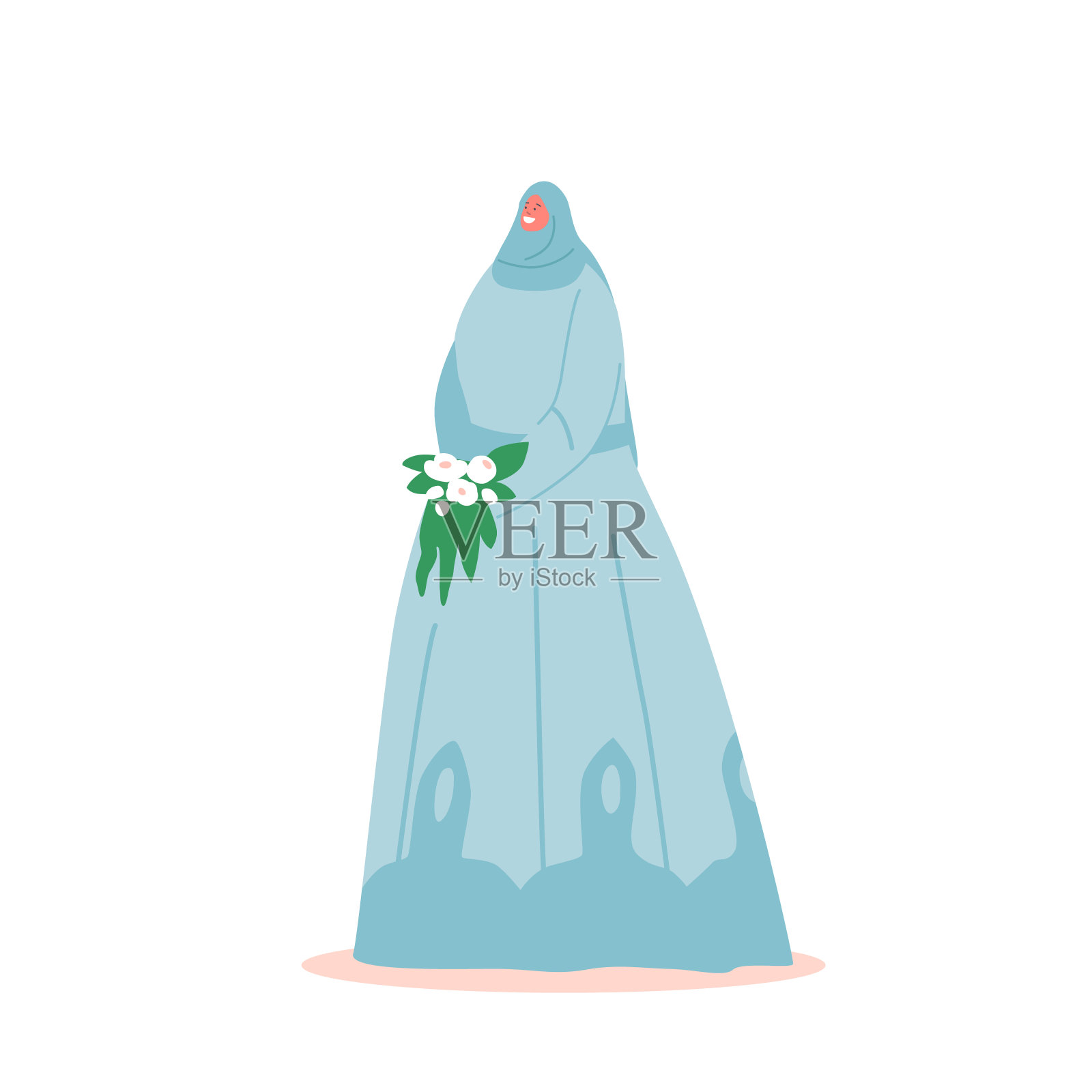 在婚礼上,快乐的穆斯林新娘身穿蓝色礼服,戴着头巾,手持花束。阿拉伯女孩设计元素图片