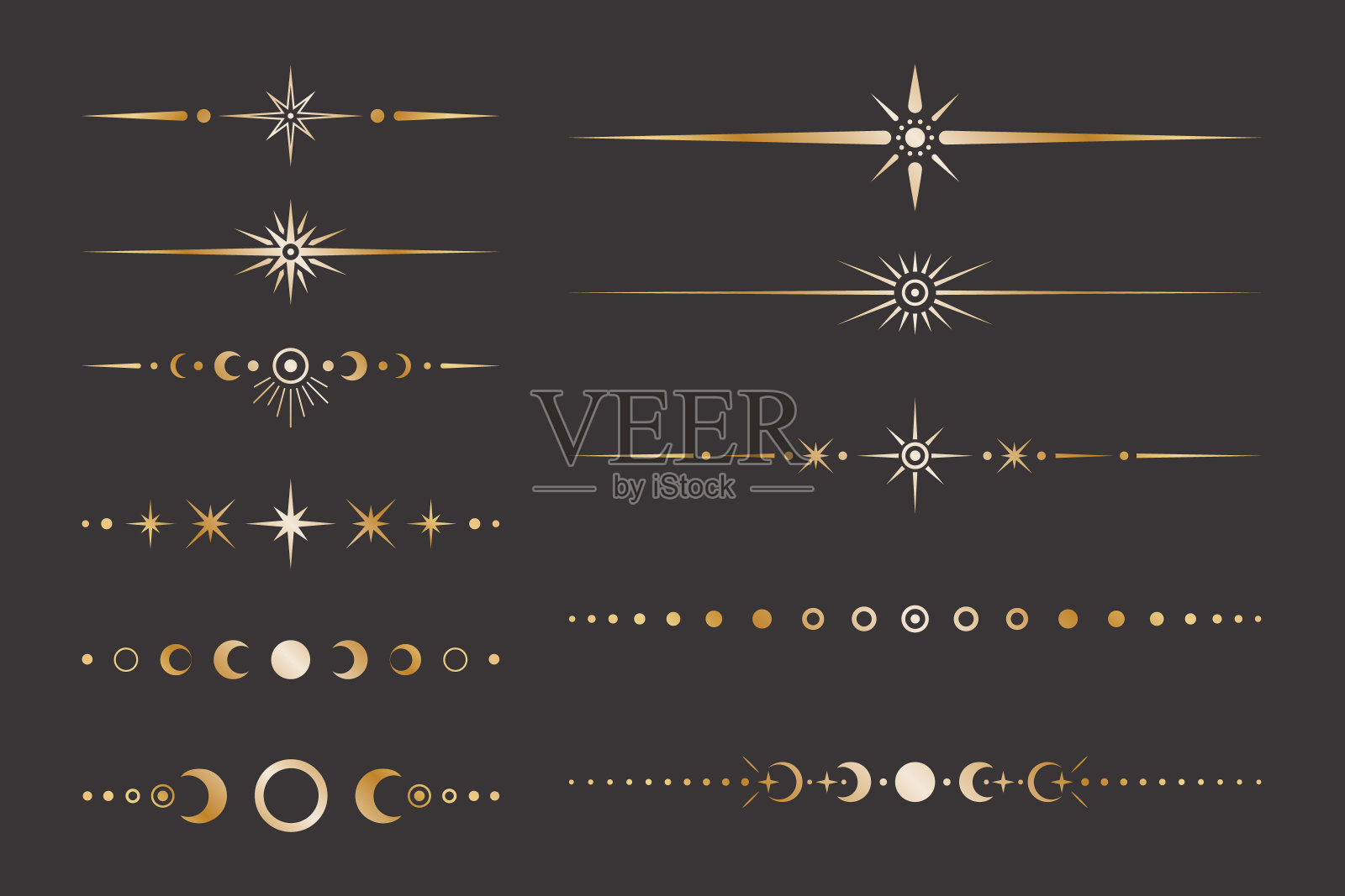 矢量天体黄金边界设置与星星,月相,月牙和点。华丽的收藏闪亮的神奇的孤立的剪贴画神秘的装饰插画图片素材