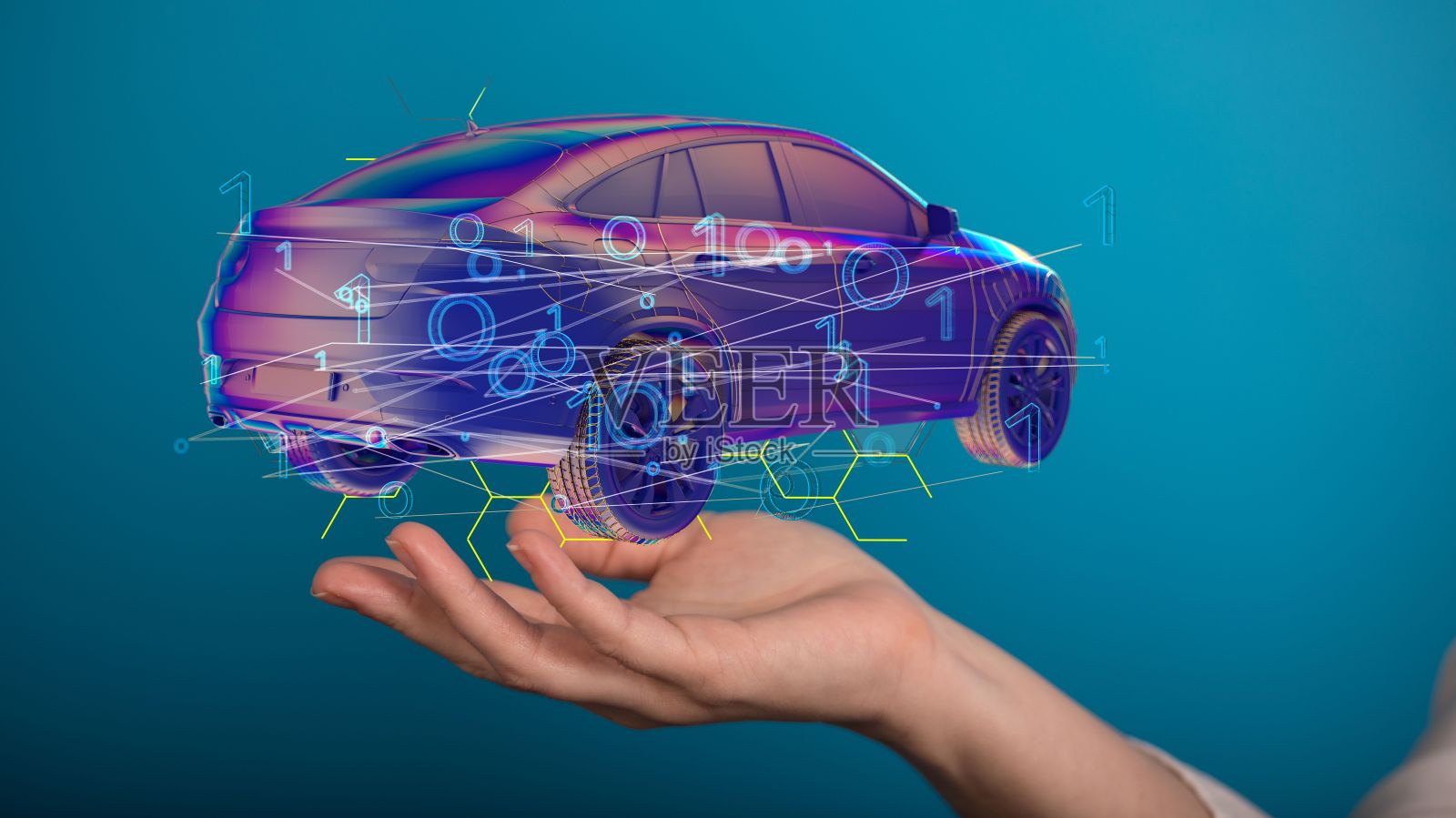 女人的手与数字3D渲染的一辆车照片摄影图片