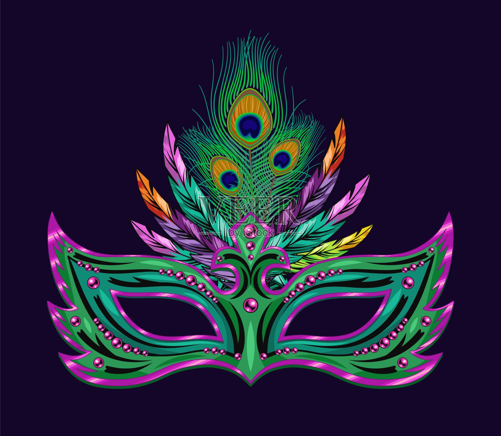 狂欢节的绿松石面具装饰着珠子,一束五颜六色的羽毛。复古风格的详细插图插画图片素材