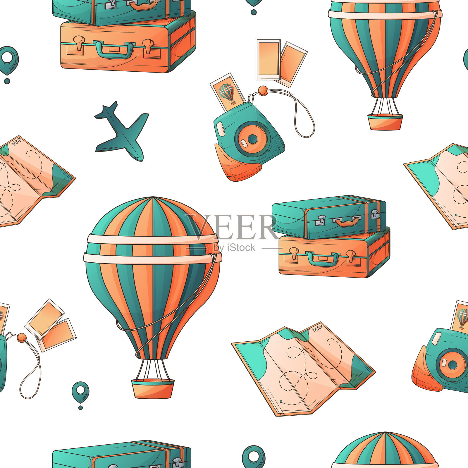 矢量无缝模式与手提箱,相机,地图,热气球,飞机,位置图标的插图。插画图片素材