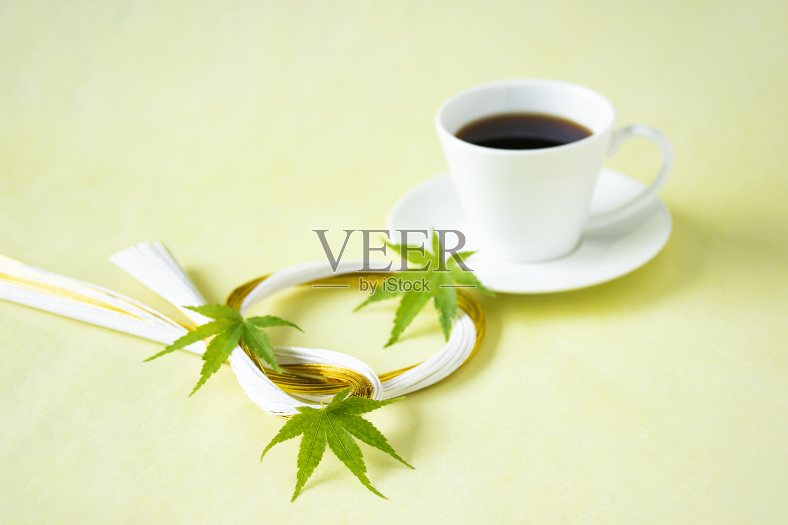 咖啡,绿枫叶,还有水草照片摄影图片