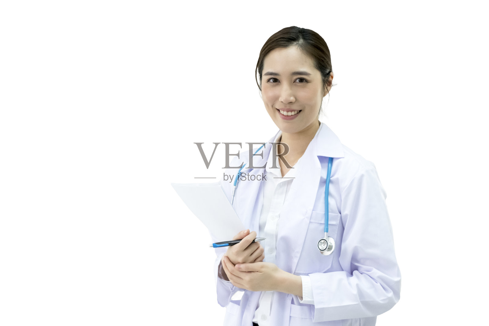 年轻的女医生在白色制服。带听诊器的女医生。照片摄影图片