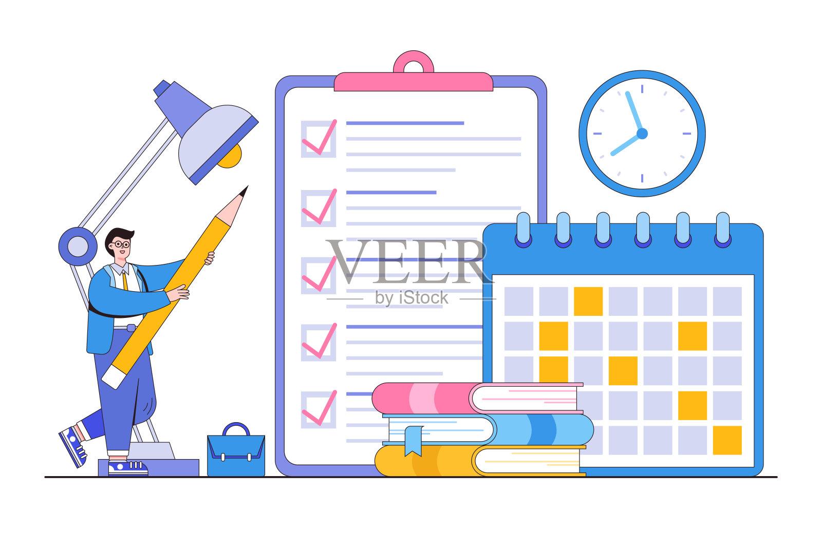 项目跟踪,时间管理,目标跟踪,任务完成,或检查表来记住项目进度的概念。商人在巨大的剪贴板上标记复选框和填写清单插画图片素材