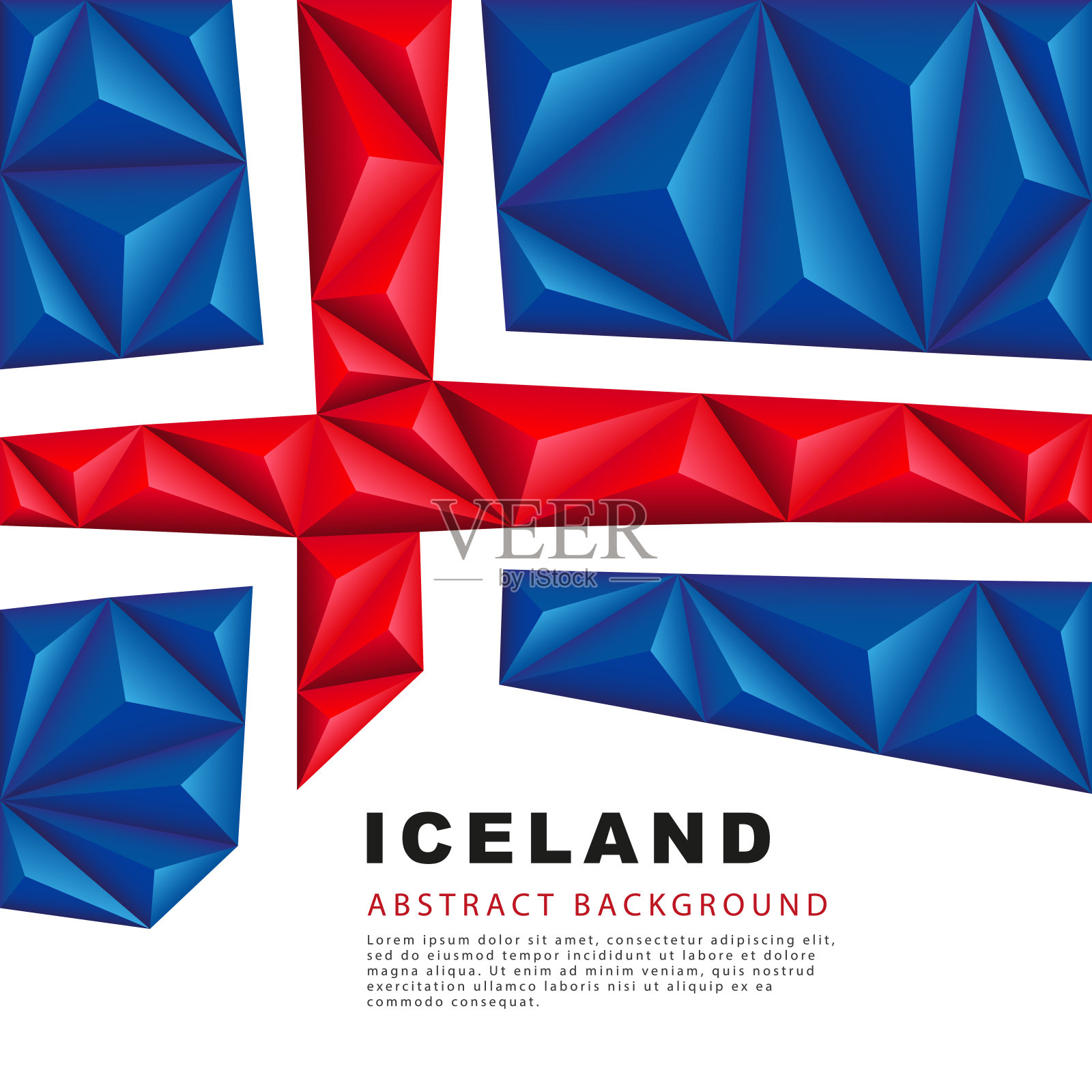 冰岛的多边形旗。矢量插图。抽象背景以彩色的蓝、红、白条纹的形式呈现插画图片素材