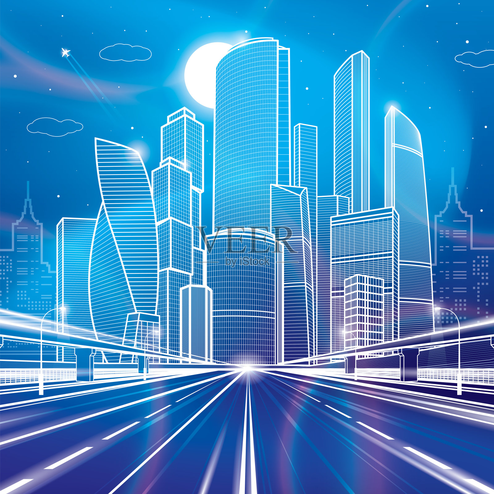 宽发光的高速公路。现代晚上小镇。交通信号灯。汽车运动。基础设施概略说明,城市景象。霓虹蓝背景上的白线。矢量设计艺术插画图片素材