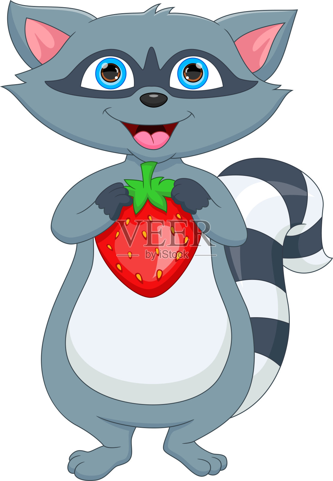 可爱的卡通浣熊和草莓插画图片素材