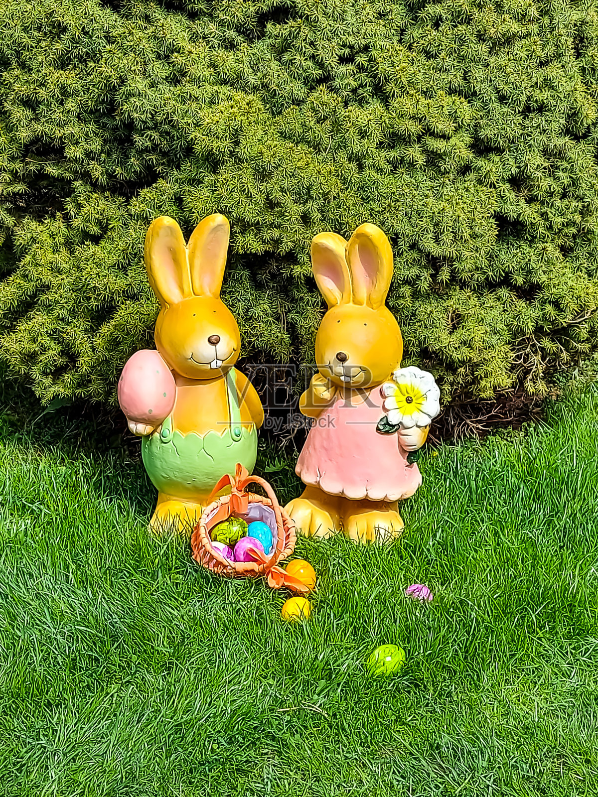 复活节小兔子带着篮子和复活节彩蛋站在草坪上照片摄影图片