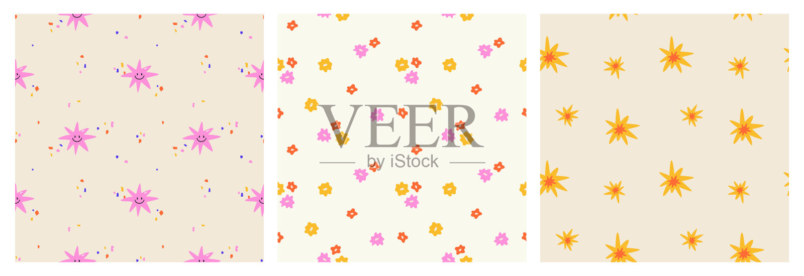 花的抽象背景。一套夏天的无缝图案。极简主义的图案与星星和鲜花。夏天的背景。现代的矢量插图。插画图片素材