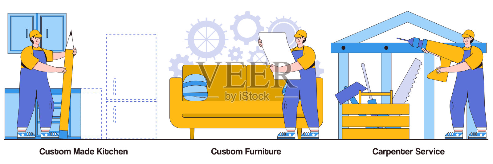 定制厨房,定制家具,木匠服务与人字符插图包插画图片素材