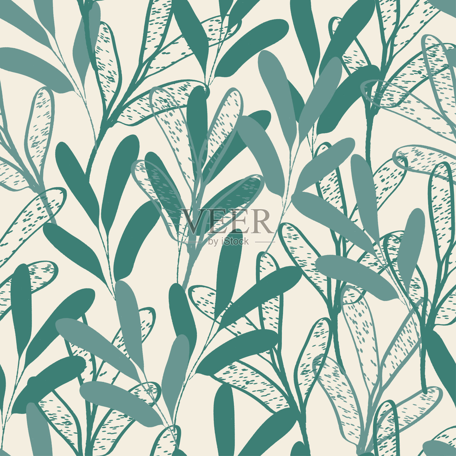 无缝混合手绘绿叶图案背景,贺卡或织物插画图片素材