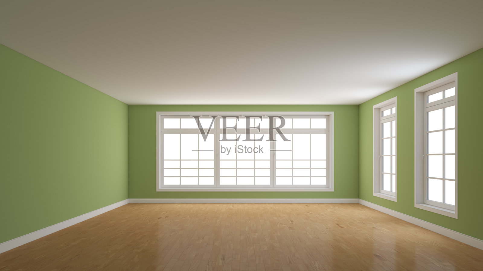 无家具的房间,绿色墙壁,拼花地板,白色底座照片摄影图片