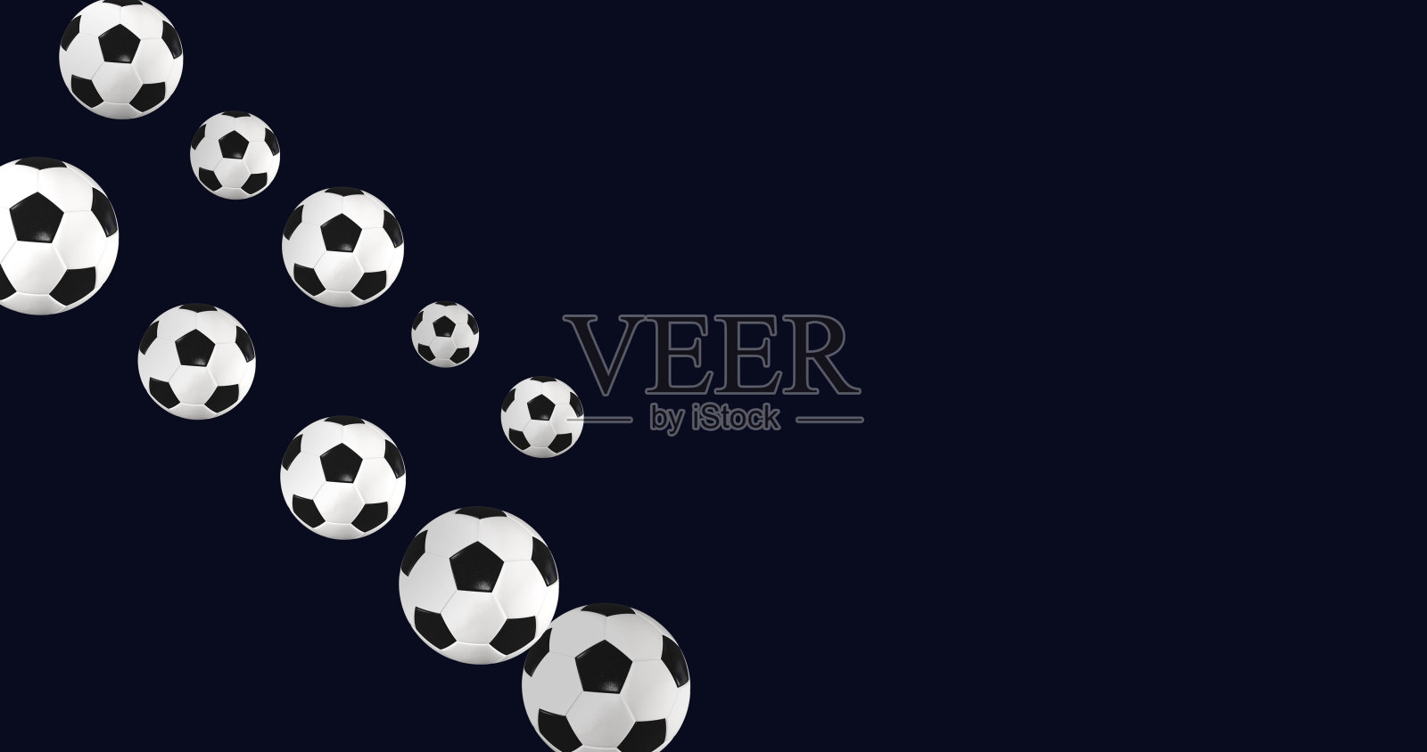 足球飞行球的3d动画。足球版面或海报设计背景。隔离在蓝色背景上。3 d渲染。照片摄影图片