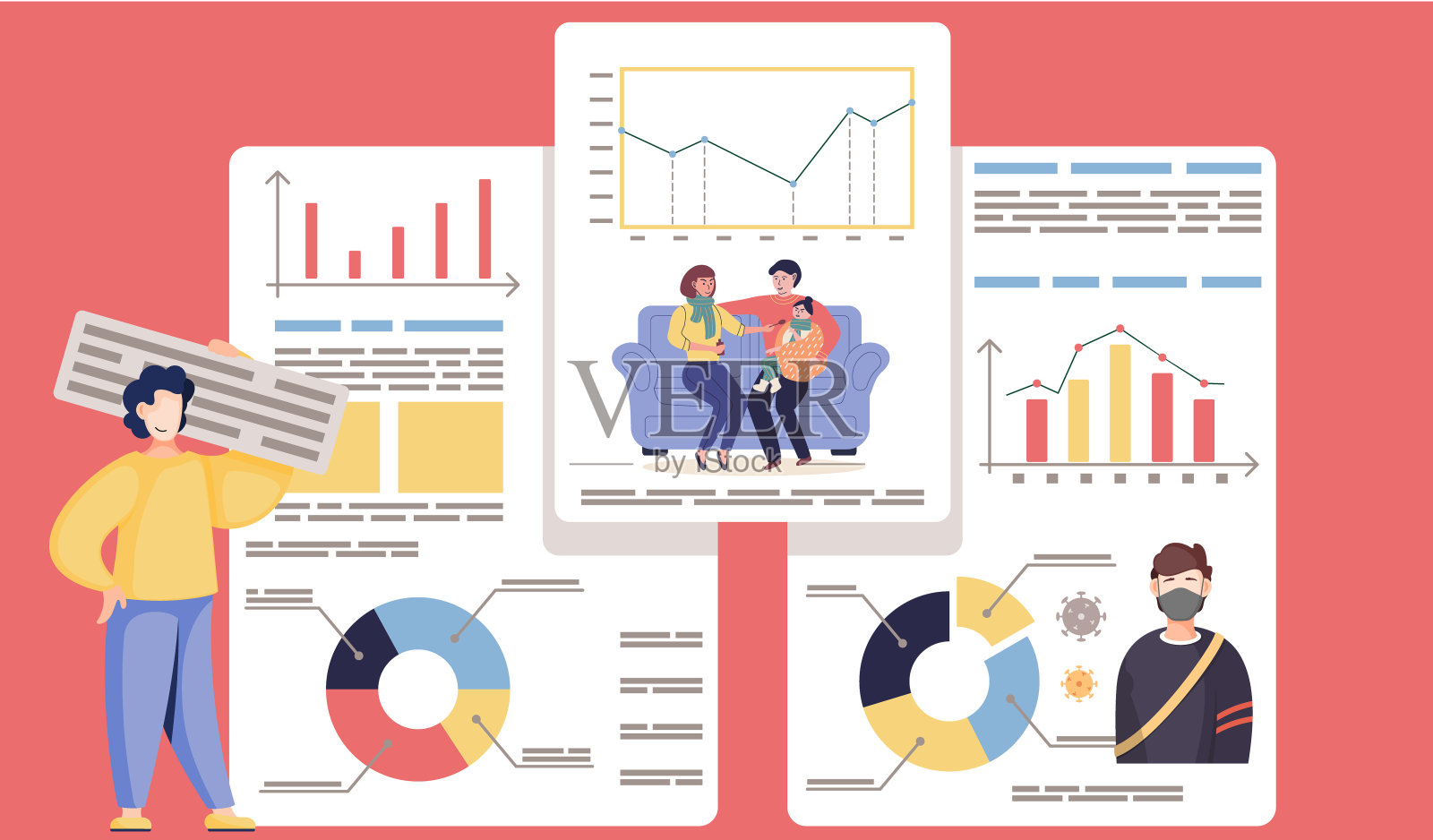 用文字或键盘拿着符号的人。冠状病毒治疗的概念。统计的疾病插画图片素材