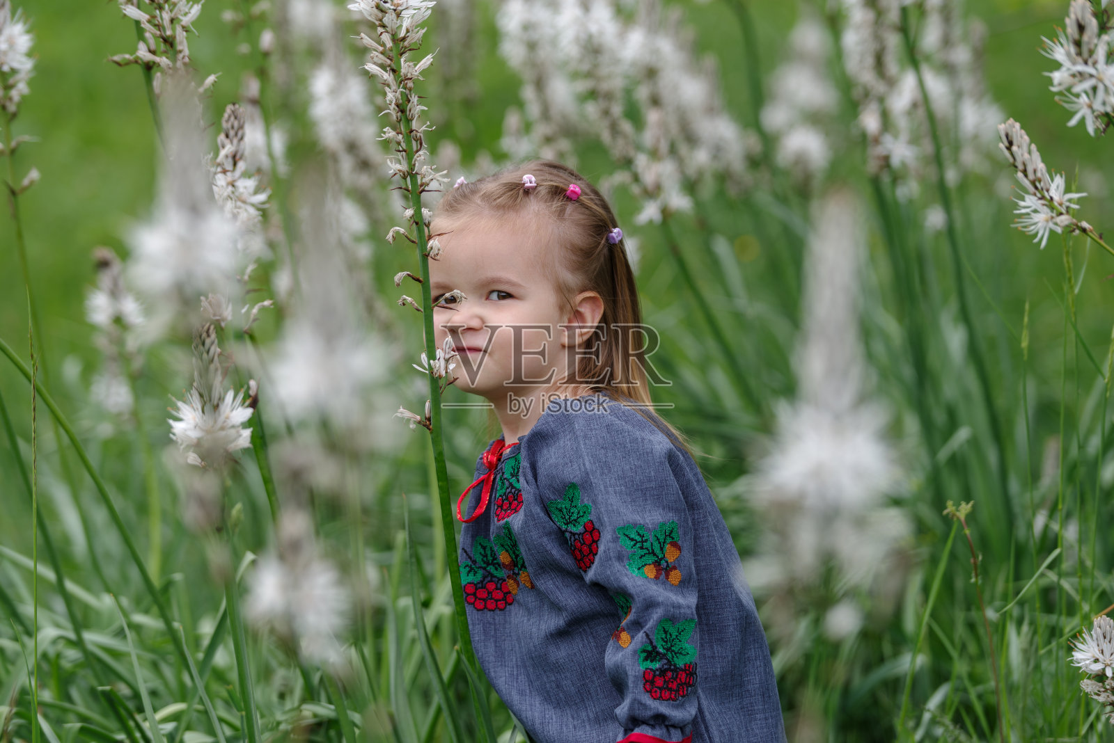 野花草地上的白人小女孩照片摄影图片