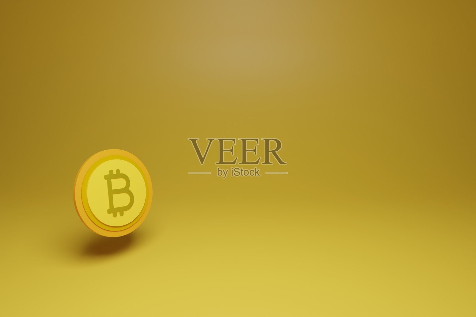 比特币3D渲染,黄色背景。照片摄影图片