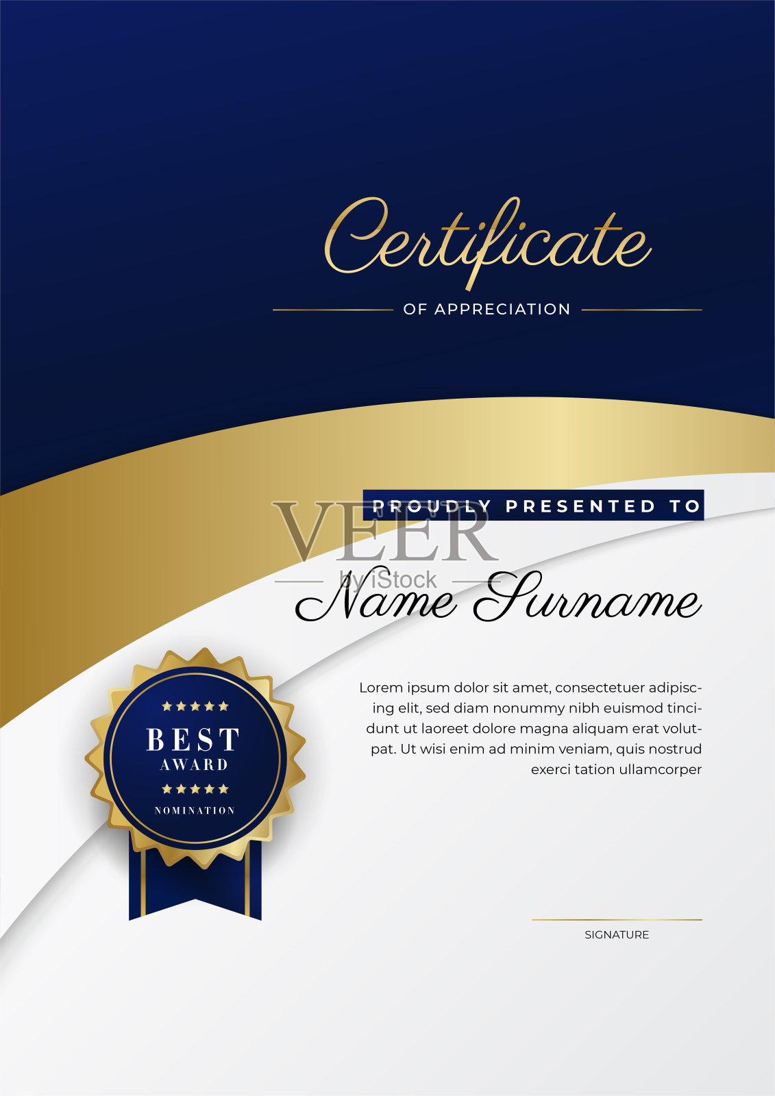 蓝色和黄金证书的成就边界模板与豪华徽章和现代线模式。为了奖励、商业和教育需求插画图片素材