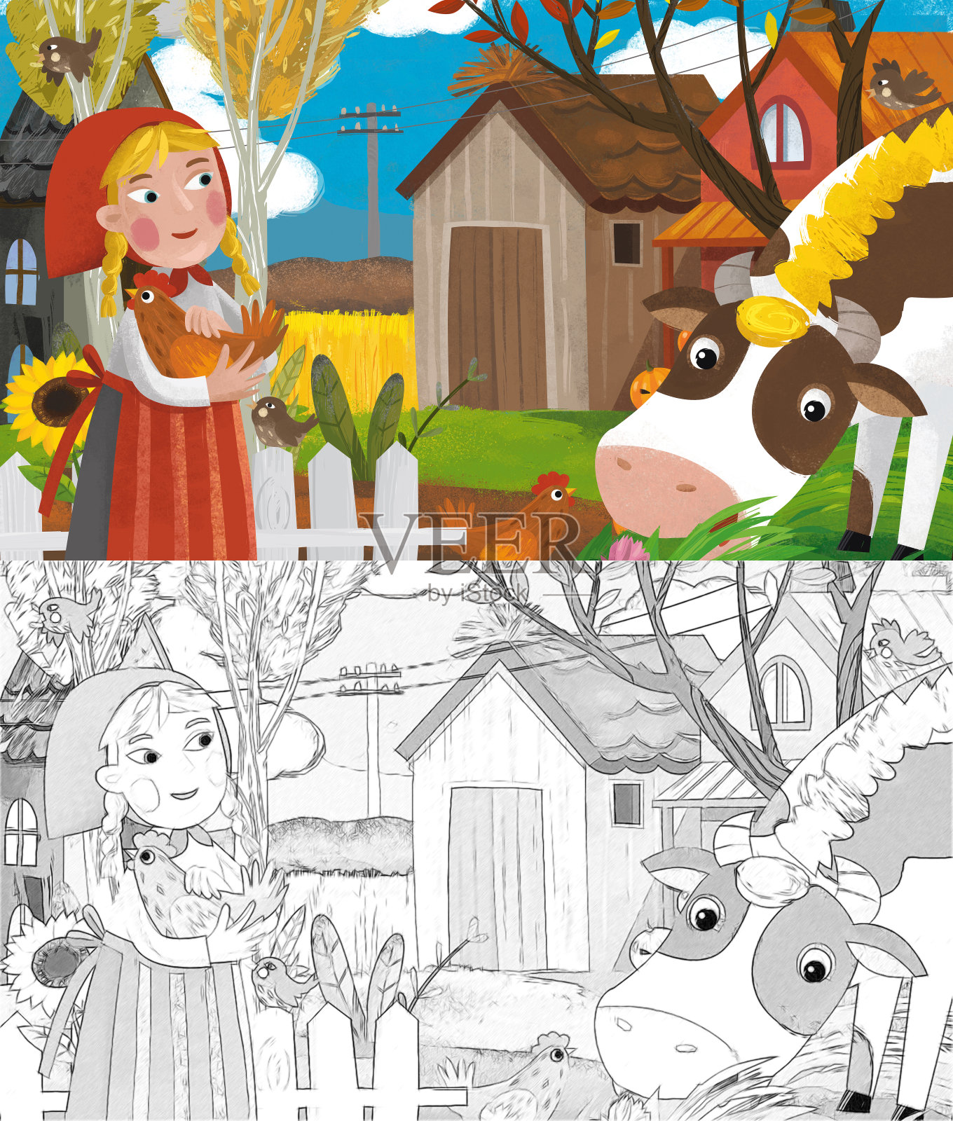 卡通农场动物南瓜与素描插画图片素材