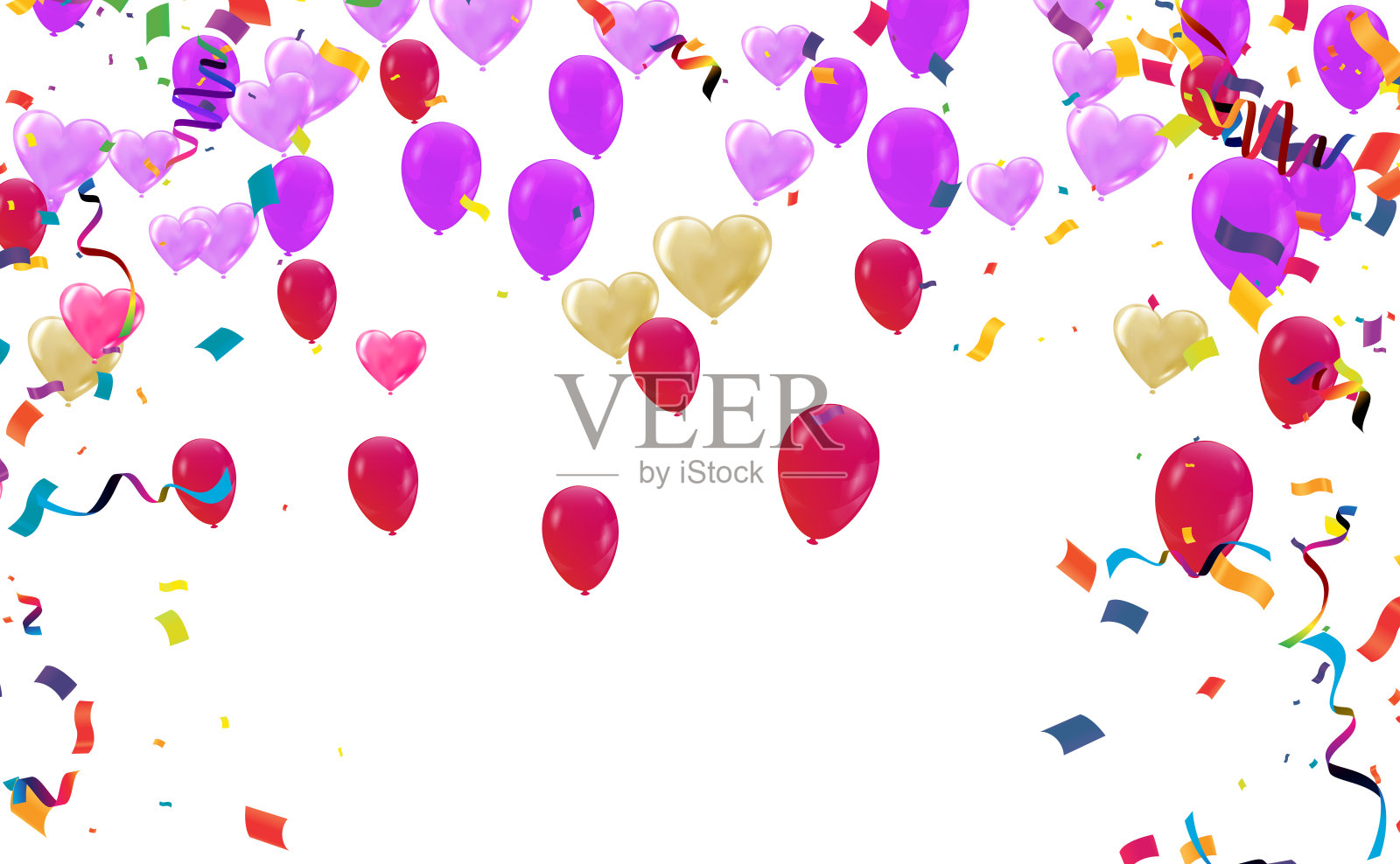 气球,五彩纸屑,横幅和文字节日背景与彩色气球和五彩纸屑标志插画图片素材