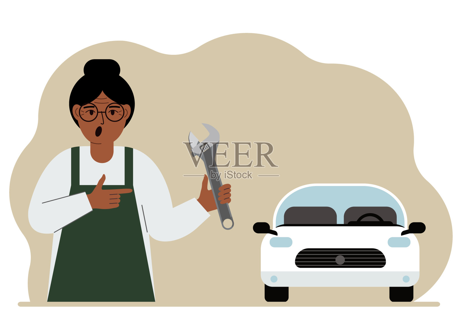 汽车修理工在汽车车间附近的一辆白色汽车。一个女人手里拿着扳手。汽车维修概念。海报,广告,横幅。插画图片素材