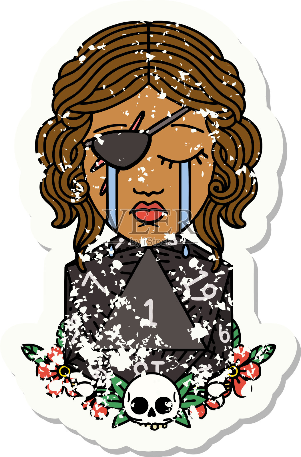 复古纹身风格哭泣的人类流氓与自然一个d20卷插画图片素材