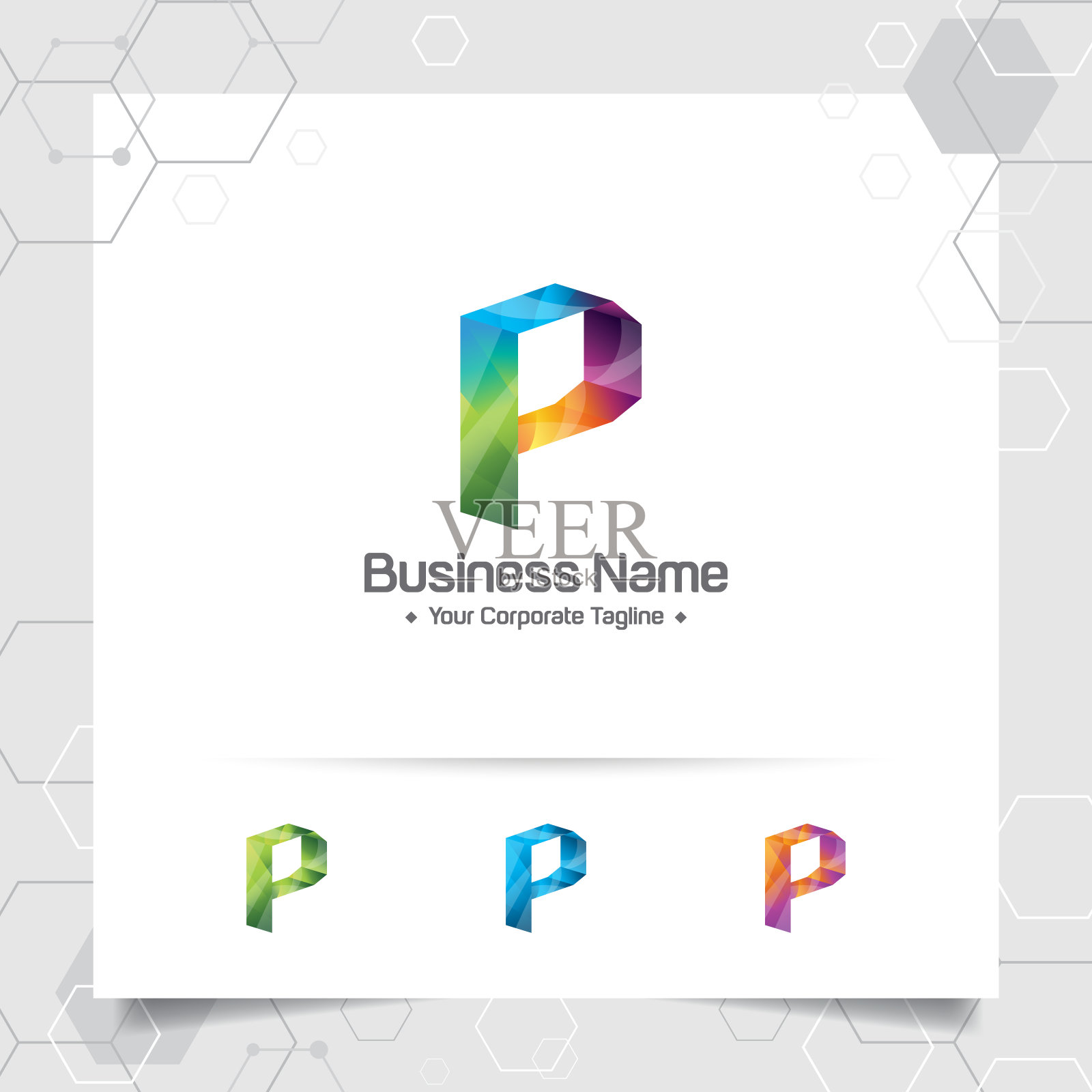 彩色字母P标志设计模板与现代彩色像素。技术标志数字代理。插画图片素材