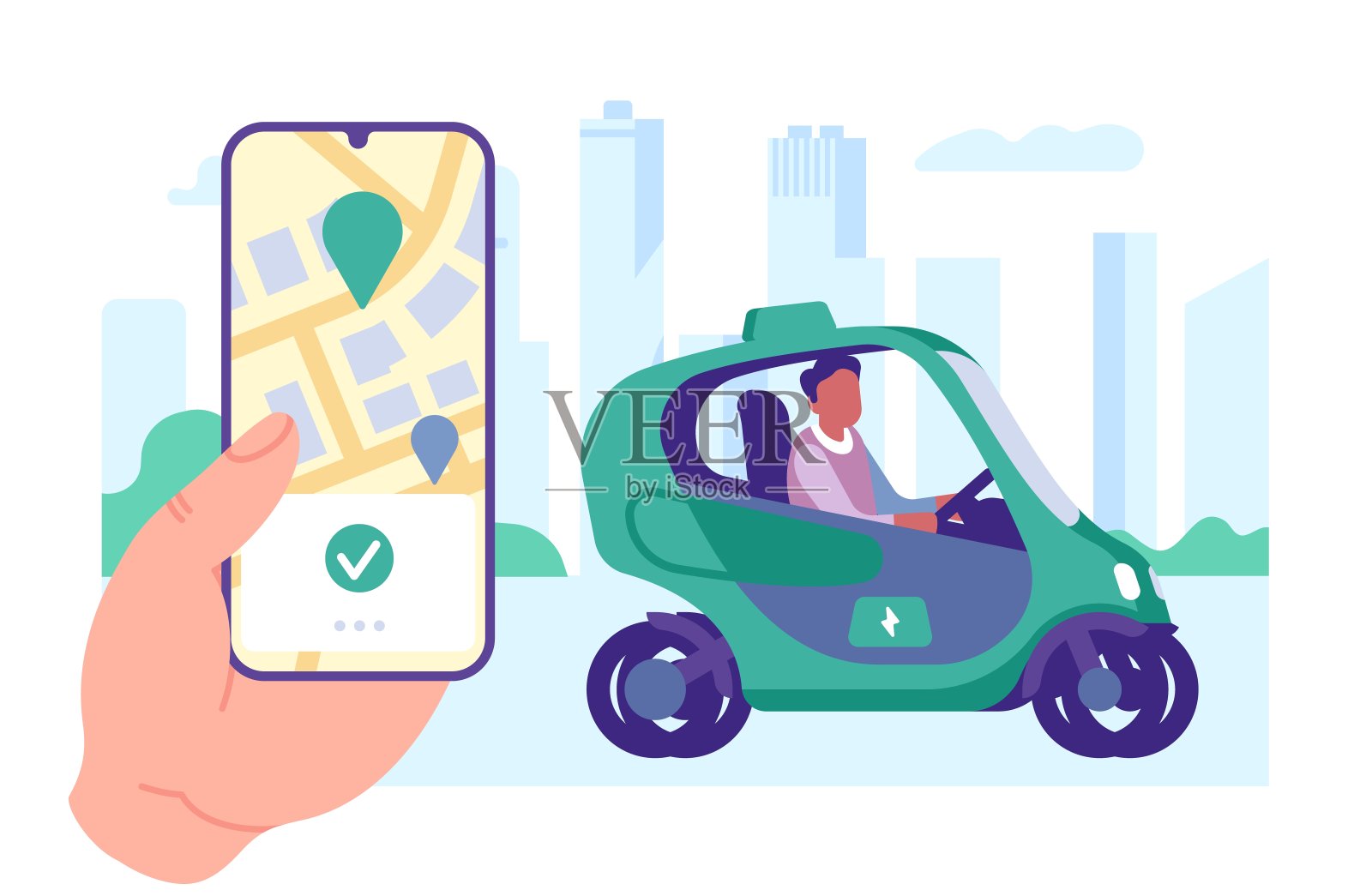 手机应用程序呼叫出租车。生态交通。电动汽车。出租车订购数字应用程序。手持智能手机。汽车驾驶。手机屏幕。地图导航。交通路线。向量的概念插画图片素材